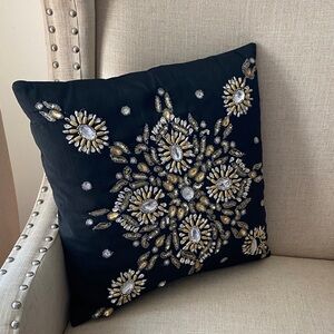 Embellished Black Decorative Pillow with Gold & Crystal Accents 16”x 16” approx